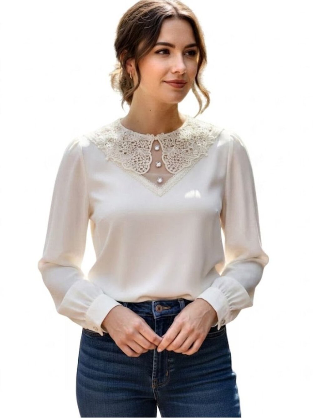 Marc Jacobs Silk Blouse with Lace Collar & Embellishment, Ivory, Womens Size 6